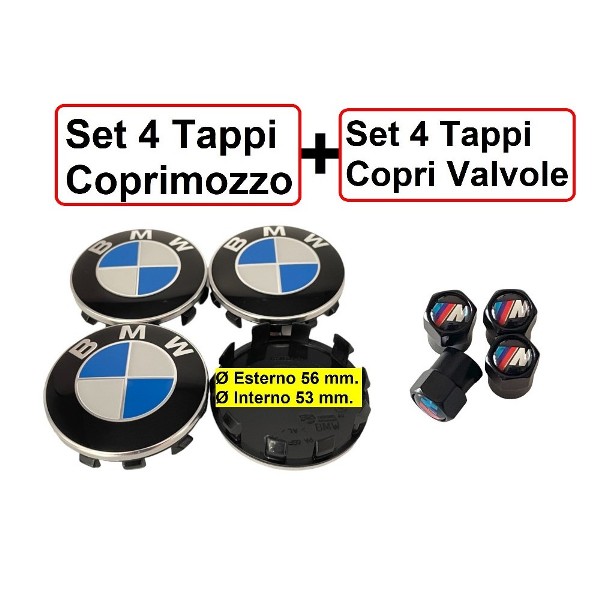 4 Tappi Coprimozzo 56 mm. + 4 Copri Valvole M per BMW 1 2 3 4 5 6